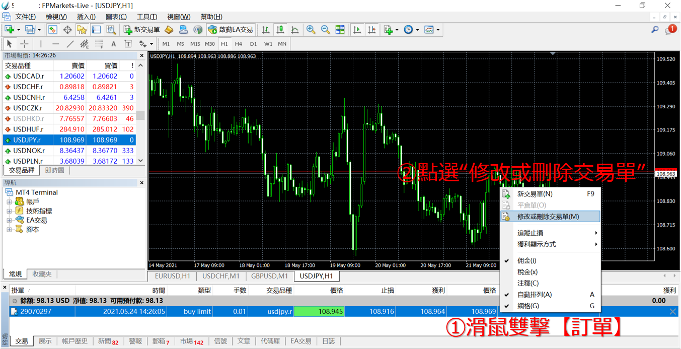 MT4修改/刪除訂單
