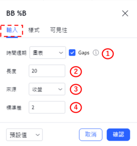 設定布林帶％B指標-輸入